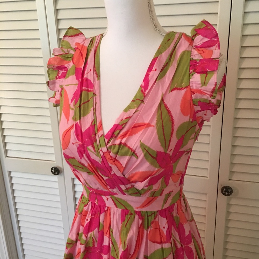 Taylor Floral Pink and Green Cotton Ruffle Dress Size XS - Picture 9 of 13